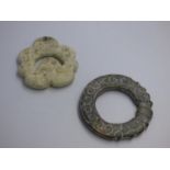 2 Oriental carved hardstone disks 6.5 & 6 cm dia