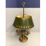 Good ormolu triple branch table lamp with green toleware shade