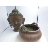 Chinese cast bronze bowl with stylized lion handles, & Oriental bronze Buddha head