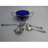 Collection of sterling silver items to include a salt with blue glass liner, caddy spoon etc
