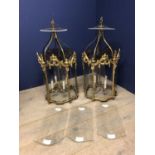 C19/20th Pair of gilt bronze lanterns, glass panels