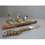 Anglo Indian sheathed carving set , & brass toasting fork with antler handle & 3 irons