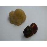 Carved Oriental Agate model of a squirrel & carved soapstone figure of a seated Buddha