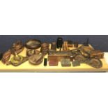 Qty of wooden items to include old painting blocks, bowls, boomerang, plate stands, carved wooden