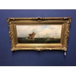 C19th School oil on canvas 'Shipping in a Choppy Sea Outside a Harbour' 19 x 66 cm in gilt frame