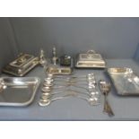 Qty of silver plate to include, pair of sugar sifters Cooper Bros Sheffield, EPNS soup spoons,