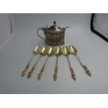 Set of gilt sterling silver coffee spoons, with a lidded sterling silver mustard