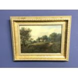 English school oil on canvas rural landscape with farmstead by E Bullony, framed 24 x 34 cm