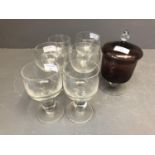 Smoked glass sweet meat jar & 6 glasses