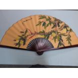 Large Oriental fan depicting 2 birds in branches 123x67 cm