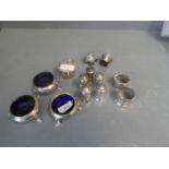 Qty of hallmarked silver to include pepperettes, with blue liners, mustard pots with blue liners etc