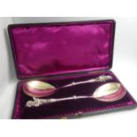 Pair of late Victorian cast electroplated serving spoons with Mr Punch finials & gilded bowls, reg