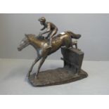 After David Geenty bronzed figure of a race horse & jockey jumping a hurdle, signed to base H 28 cm