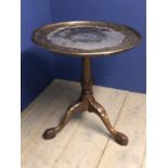 Georgian carved walnut & mother of pearl inlaid table, tripod base with silver plated top 68d x