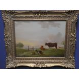 Attributed to Jan Kobell, oil on wood panel 'Cattle & Goats' 31 x 41 cm in gilt frame