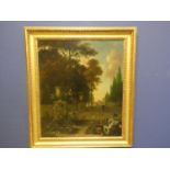 WIJNANTS oil on canvas 'People Promenading in a Classical Garden' indistinctly signed on wall