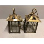 Pair of modern metal ware & glass hanging ceiling lanterns 27h x 13 x 13 cm