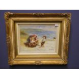 Oil on panel of a Victorian beach scene with mother & children, signed, gilt frame 29 x 39 cm