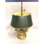 Good ormolu triple branch table lamp with green toleware shade