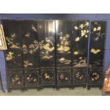 6 Panel double sided Chinese screen painted & decorated in relief with birds & flowers on a black