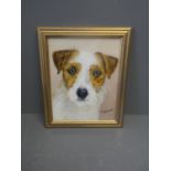 Modern oil painting of a Terrier signed Langmeail, framed 19.5x25 cm