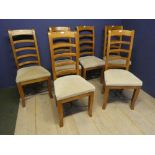 6 contemporary Oak ladder back dining chairs with upholstered seats 109H x 51W x 44D cm