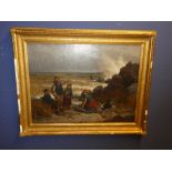 C19th Oil on canvas, 'Family of 4 collecting driftwood with Border Collie' signed lower left F.J.
