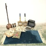 General items inc typewriter, tennis rackets, bed warmer, fire dogs, rug and cushions