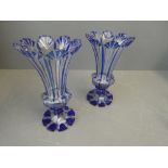 Pair of Victorian cut glass vases with blue overlay decoration 24cm