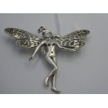 Silver winged nymph brooch set with enamel panels