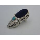 Silver C19th style shoe pin cushion set with turquoise cabochon