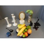 Qty of china to include colourful decorative parrot, 3 candlesticks & photo frame etc