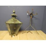 Victorian copper street lamp c1850, 1 foot & 1 pane of glass missing, (stand & lamp worn) 97H cm