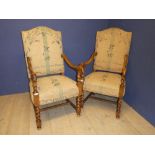 Pair of elbow chairs upholstered in a hessian style fabric, green stripe down the centre,