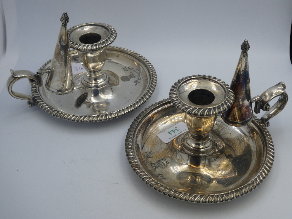 Pair of Victorian electroplated chamber candlesticks, wheatsheaf crest by Mappin Brothers