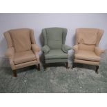 3 Arm chairs, 2 beige/brown & 1 green all upholstered in similar style