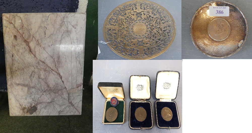 Qty of items to include lamp, marble top, plate, medals & ashtray