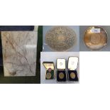 Qty of items to include lamp, marble top, plate, medals & ashtray