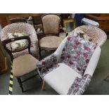Pair of cane conservatory armchairs, Victorian balloon back dining chair and an upholstered Victoria