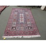 Modern Asian rug decorated in pastel colours with birds & flowers with a thin maroon border 143 x