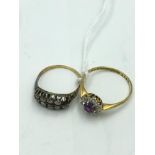 18ct gold amethyst and inclusion set diamond flower ring & an unmarked yellow metal ring 5.6g