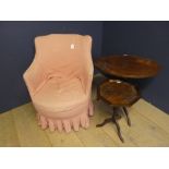 A small pink upholstered tub armchair & 2 small tables