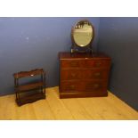 Qty of furniture to include a chest of 2 short over 2 long drawers, small oval toilet mirror on