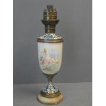 Lamp French porcelain base decorated with cherub the base and top with cloisonné decoration 29H x 8W