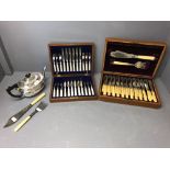 Silver plated tea pot, pr fish servers, cased fish knives & forks & servers, cased set of dessert