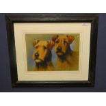 Oil painting study of 2 Irish terriers in ebonized frame 26.5 x 36 cm
