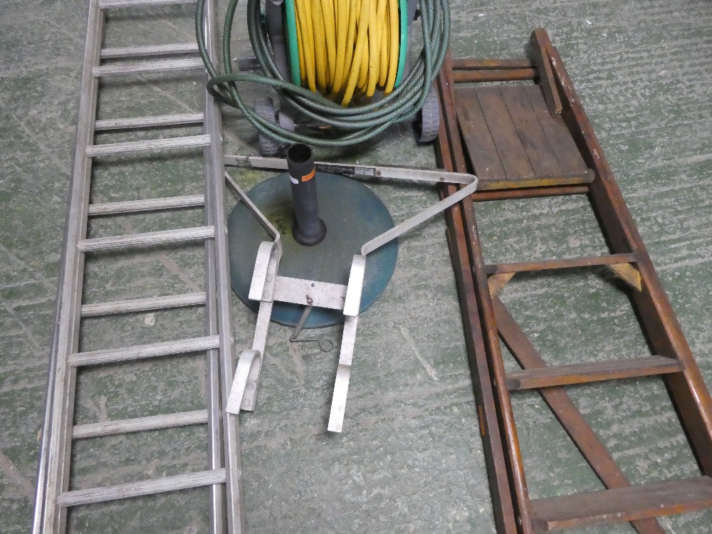 A quantity of outdoor items to include two ladders, a hose on reel umbrella stand etc. - Image 2 of 2