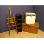 Easel, shelving unit & 2 trunks all as found