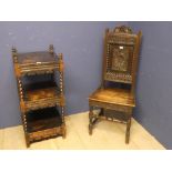 A small carved oak 3 tier stand, with barley twist supports, & a chair of similar design Shelves 93H