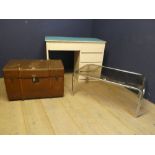 White desk with drawers, glass topped coffee table & old trunk